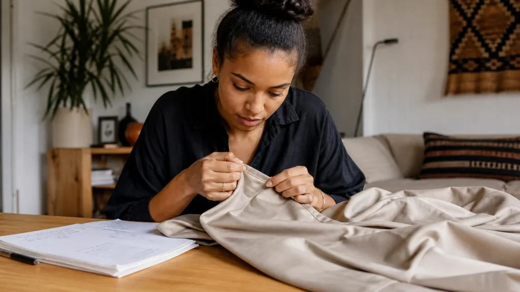 Woman examining the stitching of a neutral garment while taking notes