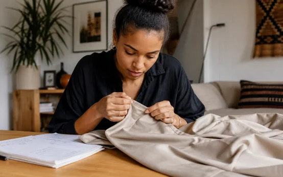 Woman examining the stitching of a neutral garment while taking notes