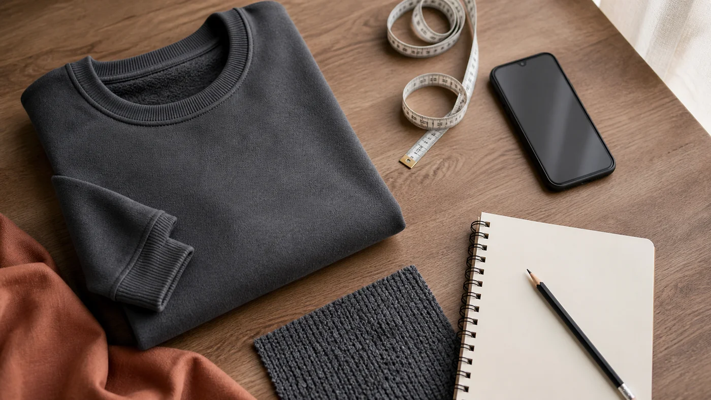 Garment, measuring tape, smartphone and notebook arranged for a clothing review