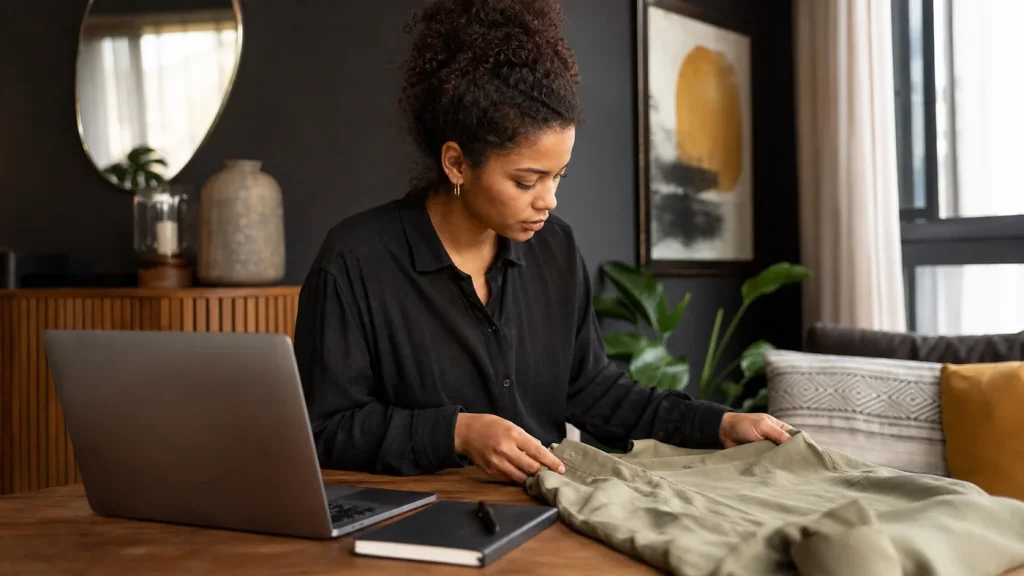 Woman examining a neutral garment beside a laptop and review notebook