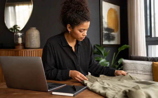 Woman examining a neutral garment beside a laptop and review notebook