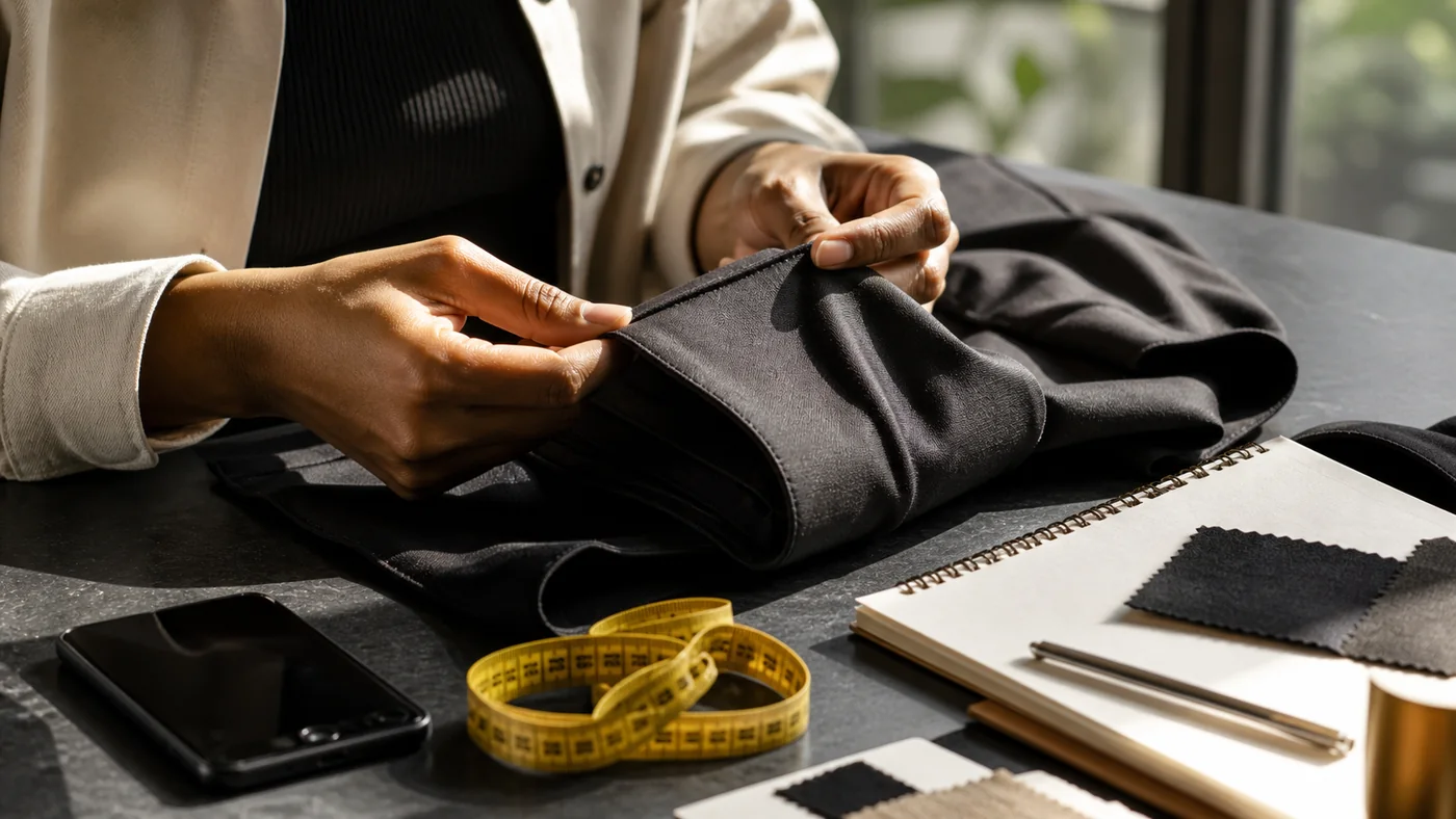 Hands inspecting garment seams beside a smartphone, measuring tape and notes